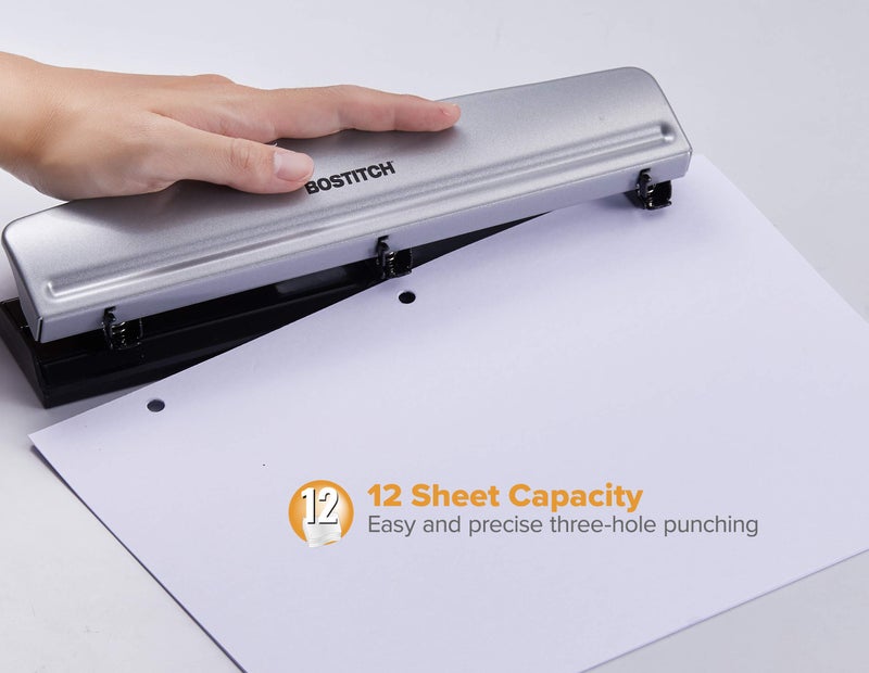 Bostitch Office Premium 3 Hole Punch, 12 Sheet Capacity, Metal, Rubber Base, Easy-Clean Tray, Silver, 2-Pack - Image 2